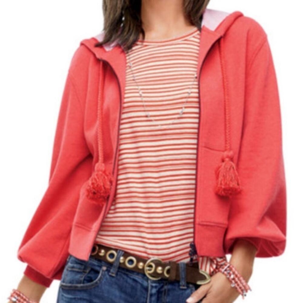 Anthropologie Cabi Deluxe Pom Hoodie Tassel Sweatshirt Jacket Tangerine Size L